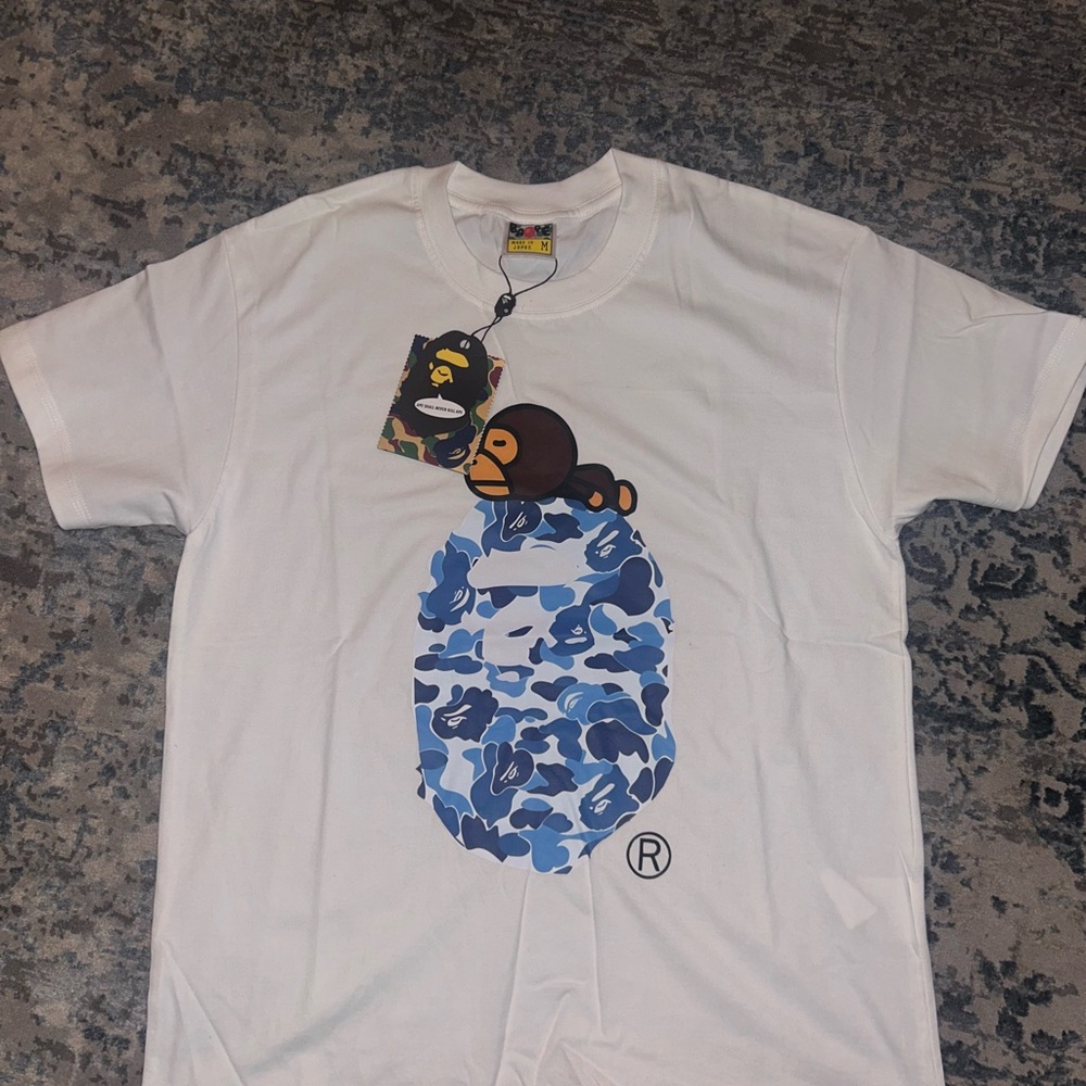 Bape White Tee with Blue Camo Graphic
